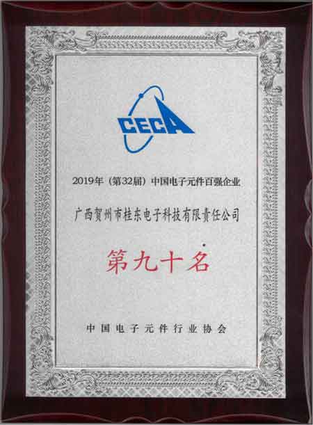 2019年獲第32屆中國(guó)電子元件百?gòu)?qiáng)企業(yè)第九十名獎(jiǎng)